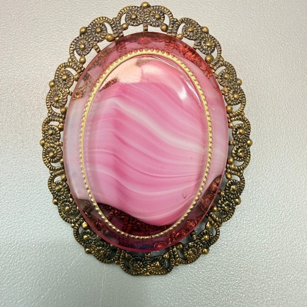 Vintage Stern Germany Pink Slag Glass Filigree Brooch 2" Victorian Style
